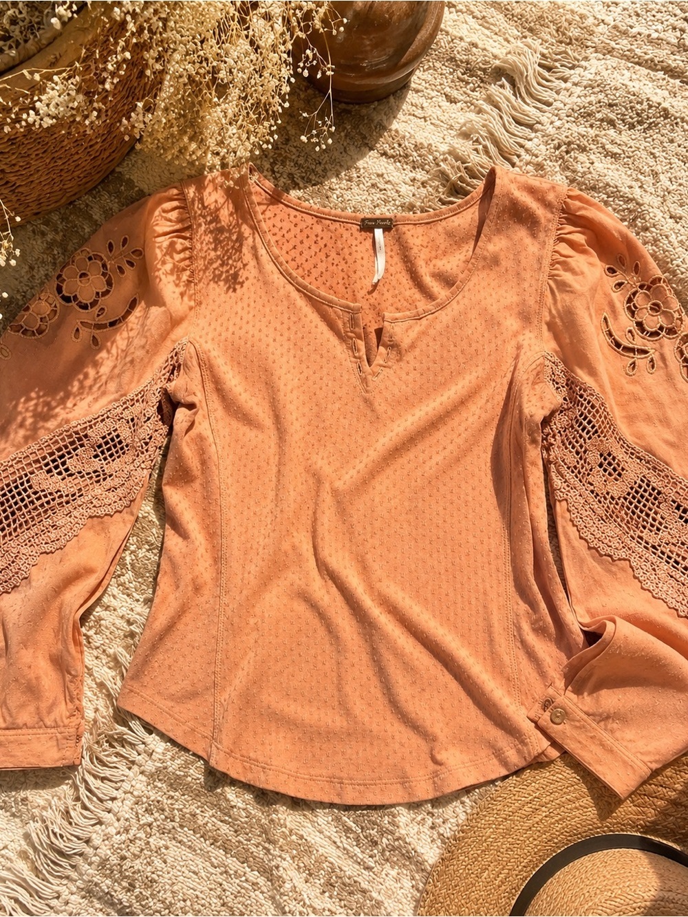 Free People Boho Crochet Lace Embroidered Sleeve Blouse Medium